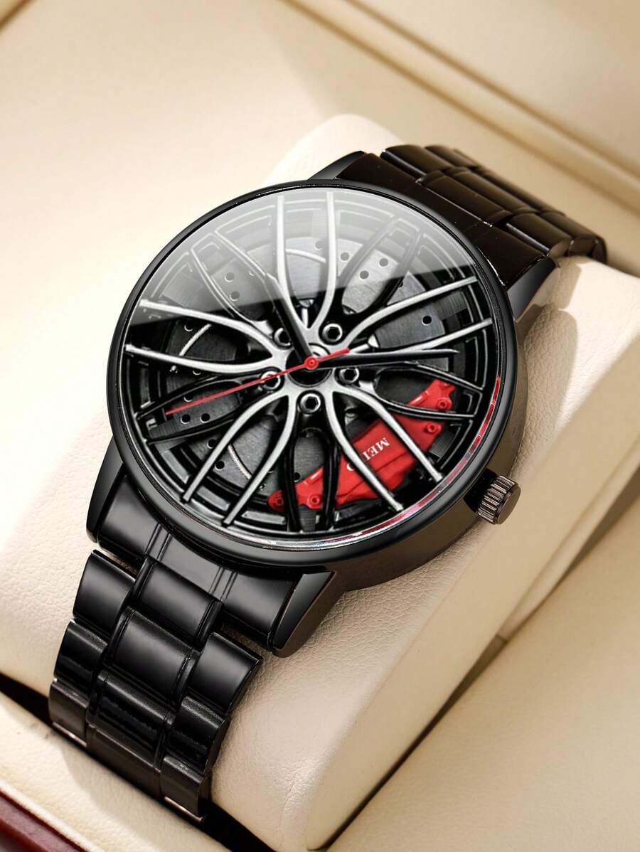 MEIRUIQI Men's 3D Car Rim Hub Sports Watch – Rotating Wheel Design with Red Brake Caliper