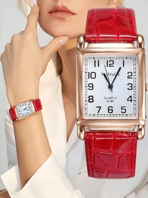 WoMaGe 8189 Women’s Vintage Rectangular Watch – Rose Gold Case with Ruby Red Croco-Leather Strap