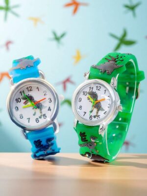 Kids' 3D Cartoon Dinosaur Analog Watch – Fun Learning Timepiece with Blue & Green Silicone Strap