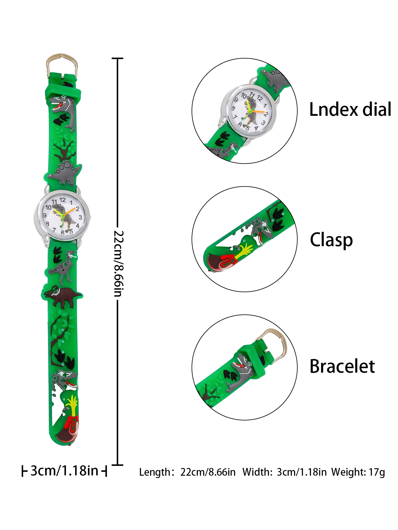 Kids' 3D Cartoon Dinosaur Analog Watch – Fun Learning Timepiece with Blue & Green Silicone Strap - Image 4