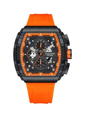 Harcher Men’s "Phantom Sport" Chronograph – Carbon Black Tonneau Case with Aero-Orange Silicone Strap