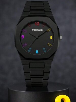 MEIRUIQI Men’s Minimalist Matte Black Octagonal Sport Watch – Rainbow Numeral Analog Quartz Wristwatch